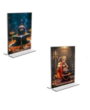 Car Desk/Table Top Sri Hanuman & Lord Shiva Lingam  Acrylic T-Style Photo Stand - 2.5x3.5 Inches, Compact And Stylish Spiritual Display, Easily Change  2 Photos ( Pack Of 1 ) (F9219)