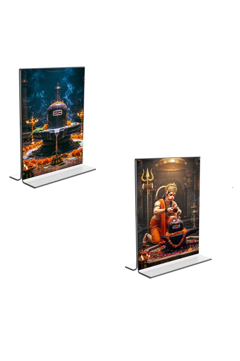 Car Desk/Table Top Sri Hanuman & Lord Shiva Lingam  Acrylic T-Style Photo Stand - 2.5x3.5 Inches, Compact And Stylish Spiritual Display, Easily Change  2 Photos ( Pack Of 1 ) (F9219)