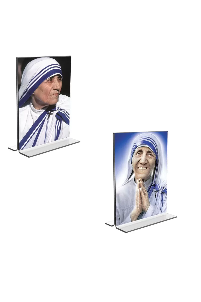 Car Desk/Table Top Mother Teresa  Acrylic T-Style Photo Stand - 2.5x3.5 Inches, Compact And Stylish Spiritual Display, Easily Change  2 Photos ( Pack Of 1 ) (F9222)