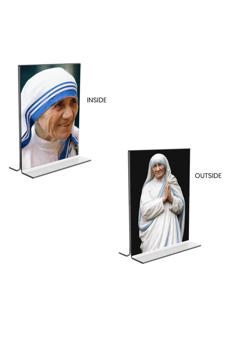 Car Desk/Table Top Mother Teresa  Acrylic T-Style Photo Stand - 2.5x3.5 Inches, Compact And Stylish Spiritual Display, Easily Change  2 Photos ( Pack Of 1 ) (F9223)
