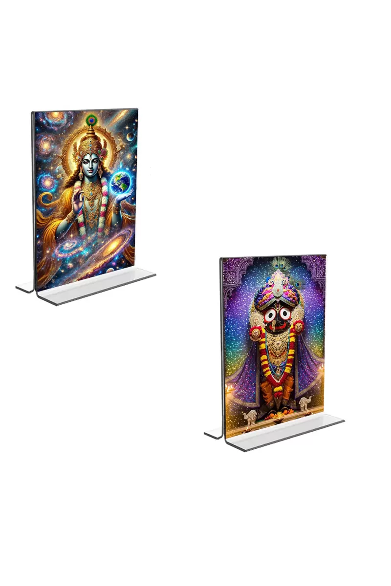 Car Desk/Table Top Lord Vishnu & Lord Jagannath  Acrylic T-Style Photo Stand - 2.5x3.5 Inches, Compact And Stylish Spiritual Display, Easily Change  2 Photos ( Pack Of 1 ) (F9224)