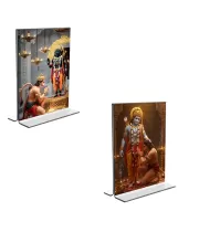 Car Desk/Table Top Sri Hanuman & Sri Ram  Acrylic T-Style Photo Stand - 2.5x3.5 Inches, Compact And Stylish Spiritual Display, Easily Change  2 Photos ( Pack Of 1 ) (F9225)