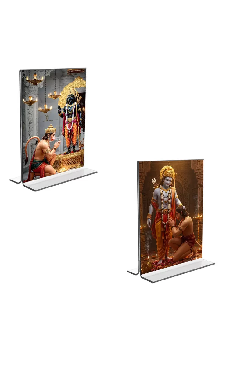 Car Desk/Table Top Sri Hanuman & Sri Ram  Acrylic T-Style Photo Stand - 2.5x3.5 Inches, Compact And Stylish Spiritual Display, Easily Change  2 Photos ( Pack Of 1 ) (F9225)