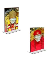 Car Desk/Table Top Sai Baba  Acrylic T-Style Photo Stand - 2.5x3.5 Inches, Compact And Stylish Spiritual Display, Easily Change  2 Photos ( Pack Of 1 ) (F9227)