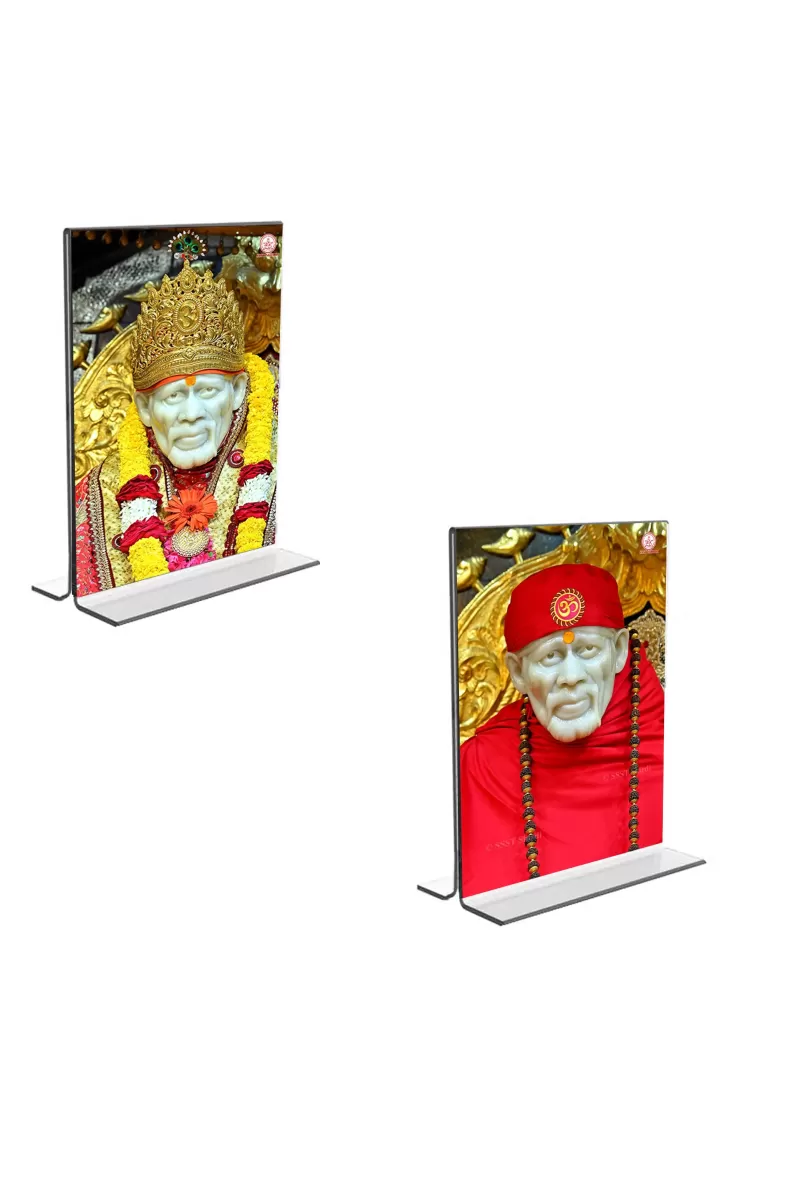 Car Desk/Table Top Sai Baba  Acrylic T-Style Photo Stand - 2.5x3.5 Inches, Compact And Stylish Spiritual Display, Easily Change  2 Photos ( Pack Of 1 ) (F9227)