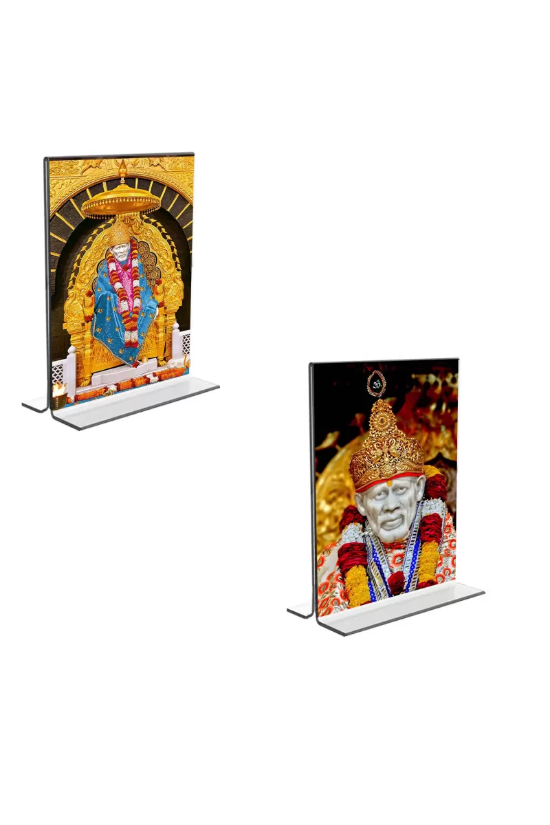 Car Desk/Table Top Sai Baba  Acrylic T-Style Photo Stand - 2.5x3.5 Inches, Compact And Stylish Spiritual Display, Easily Change  2 Photos ( Pack Of 1 ) (F9228)