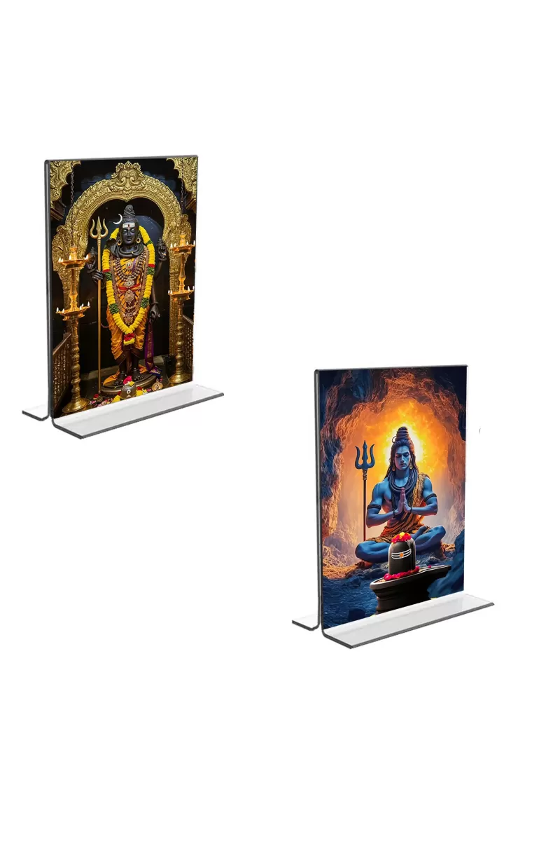 Car Desk/Table Top Lord Shiva  Acrylic T-Style Photo Stand - 2.5x3.5 Inches, Compact And Stylish Spiritual Display, Easily Change  2 Photos ( Pack Of 1 ) (F9232)