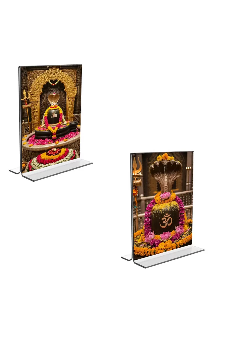Car Desk/Table Top Lord Shiva Lingam  Acrylic T-Style Photo Stand - 2.5x3.5 Inches, Compact And Stylish Spiritual Display, Easily Change  2 Photos ( Pack Of 1 ) (F9230)
