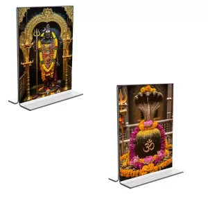 Car Desk/Table Top Lord Shiva & Shiva Lingam  Acrylic T-Style Photo Stand - 2.5x3.5 Inches, Compact And Stylish Spiritual Display, Easily Change  2 Photos ( Pack Of 1 ) (F9231)