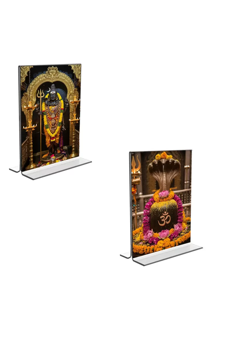 Car Desk/Table Top Lord Shiva & Shiva Lingam  Acrylic T-Style Photo Stand - 2.5x3.5 Inches, Compact And Stylish Spiritual Display, Easily Change  2 Photos ( Pack Of 1 ) (F9231)