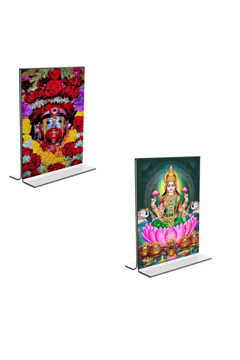 Car Desk/Table Top Maa Tara & Maa Lakhsmi  Acrylic T-Style Photo Stand - 2.5x3.5 Inches, Compact And Stylish Spiritual Display, Easily Change  2 Photos ( Pack Of 1 ) (F9236)