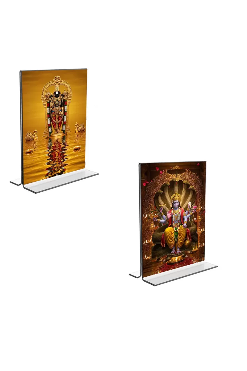 Car Desk/Table Top Lord Tirupati Balaji & Lord Vishnu  Acrylic T-Style Photo Stand - 2.5x3.5 Inches, Compact And Stylish Spiritual Display, Easily Change  2 Photos ( Pack Of 1 ) (F9238)