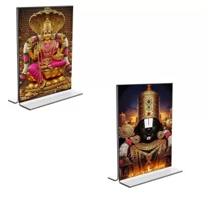 Car Desk/Table Top Lord Tirupati Balaji & Baba Lakhsmi  Acrylic T-Style Photo Stand - 2.5x3.5 Inches, Compact And Stylish Spiritual Display, Easily Change  2 Photos ( Pack Of 1 ) (F9239)