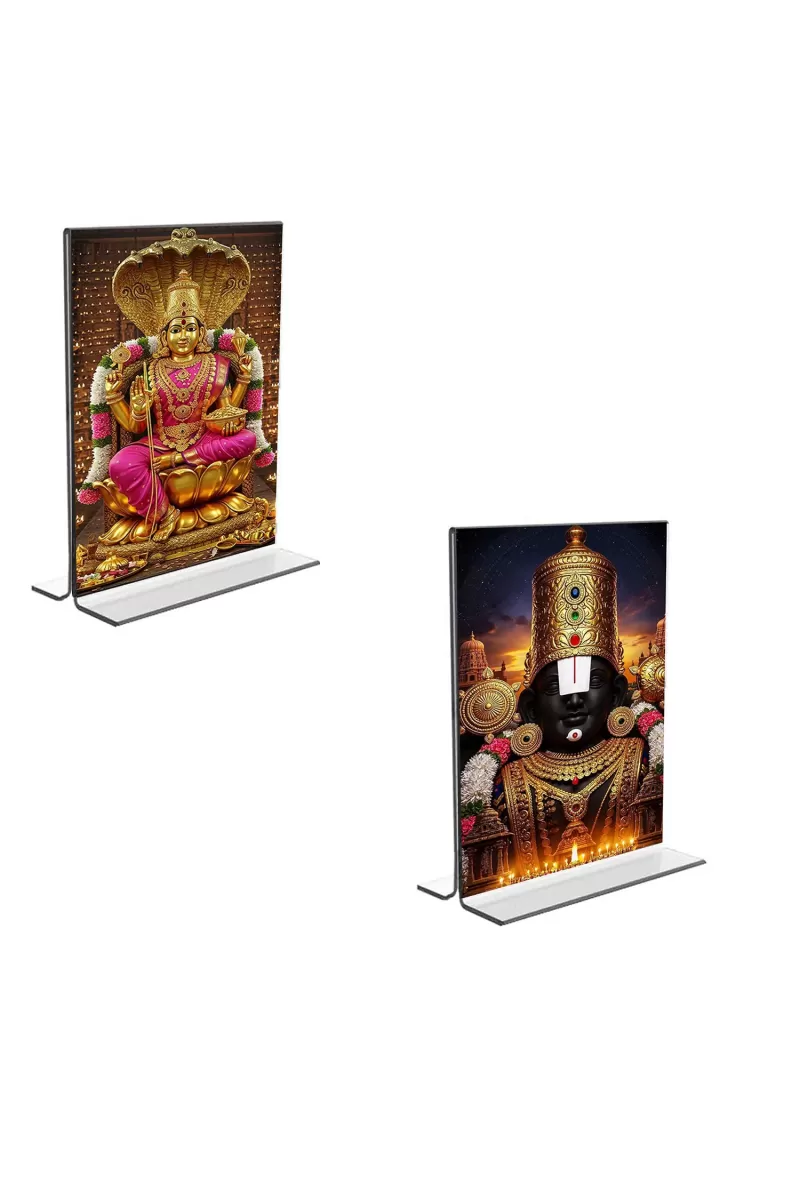 Car Desk/Table Top Lord Tirupati Balaji & Baba Lakhsmi  Acrylic T-Style Photo Stand - 2.5x3.5 Inches, Compact And Stylish Spiritual Display, Easily Change  2 Photos ( Pack Of 1 ) (F9239)