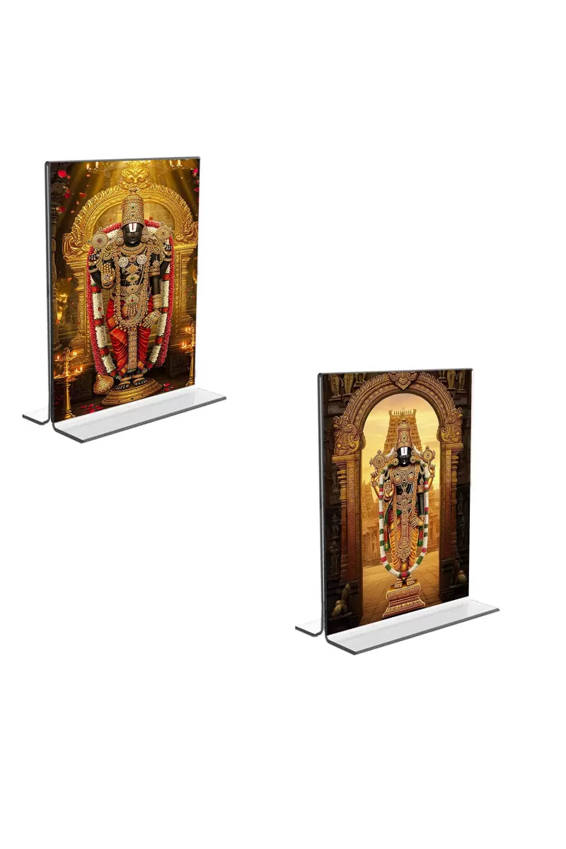 Car Desk/Table Top Lord Tirupati Balaji Acrylic T-Style Photo Stand - 2.5x3.5 Inches, Compact And Stylish Spiritual Display, Easily Change  2 Photos ( Pack Of 1 ) (F9240)
