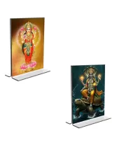 Car Desk/Table Top Lord Vishnu & Baba Lakhsmi Acrylic T-Style Photo Stand - 2.5x3.5 Inches, Compact And Stylish Spiritual Display, Easily Change  2 Photos ( Pack Of 1 ) (F9241)