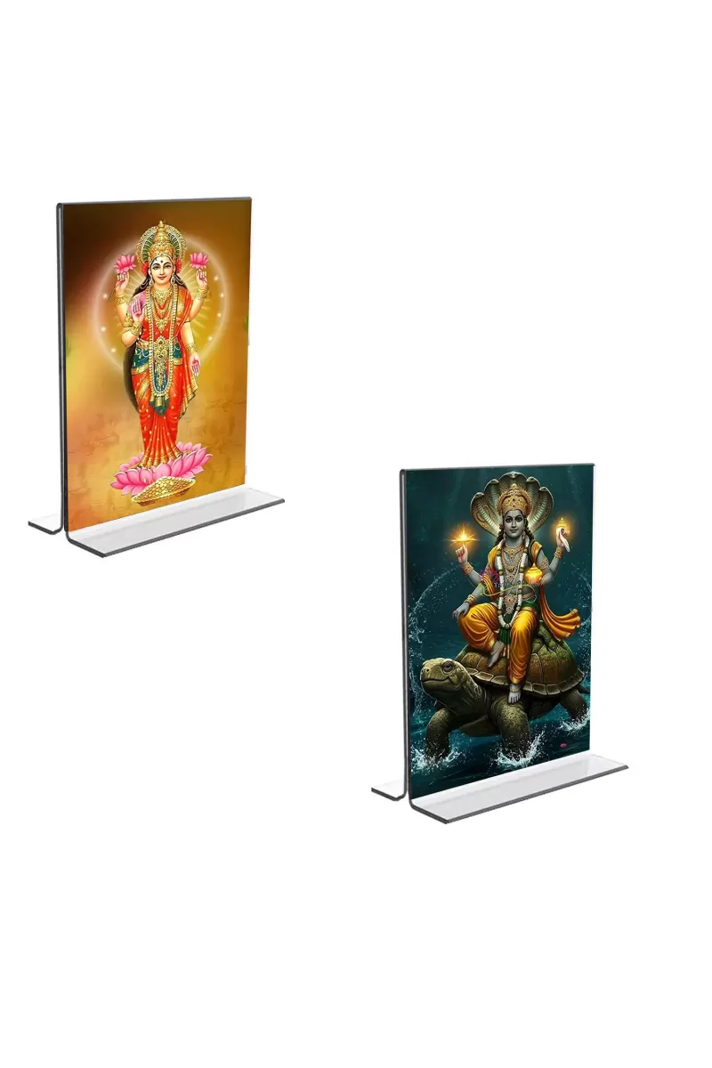 Car Desk/Table Top Lord Vishnu & Baba Lakhsmi Acrylic T-Style Photo Stand - 2.5x3.5 Inches, Compact And Stylish Spiritual Display, Easily Change  2 Photos ( Pack Of 1 ) (F9241)