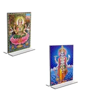 Car Desk/Table Top Lord Vishnu & Maa Lakhsmi Acrylic T-Style Photo Stand - 2.5x3.5 Inches, Compact And Stylish Spiritual Display, Easily Change  2 Photos ( Pack Of 1 ) (F9242)