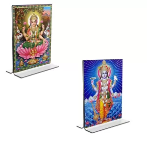 Car Desk/Table Top Lord Vishnu & Maa Lakhsmi Acrylic T-Style Photo Stand - 2.5x3.5 Inches, Compact And Stylish Spiritual Display, Easily Change  2 Photos ( Pack Of 1 ) (F9242)