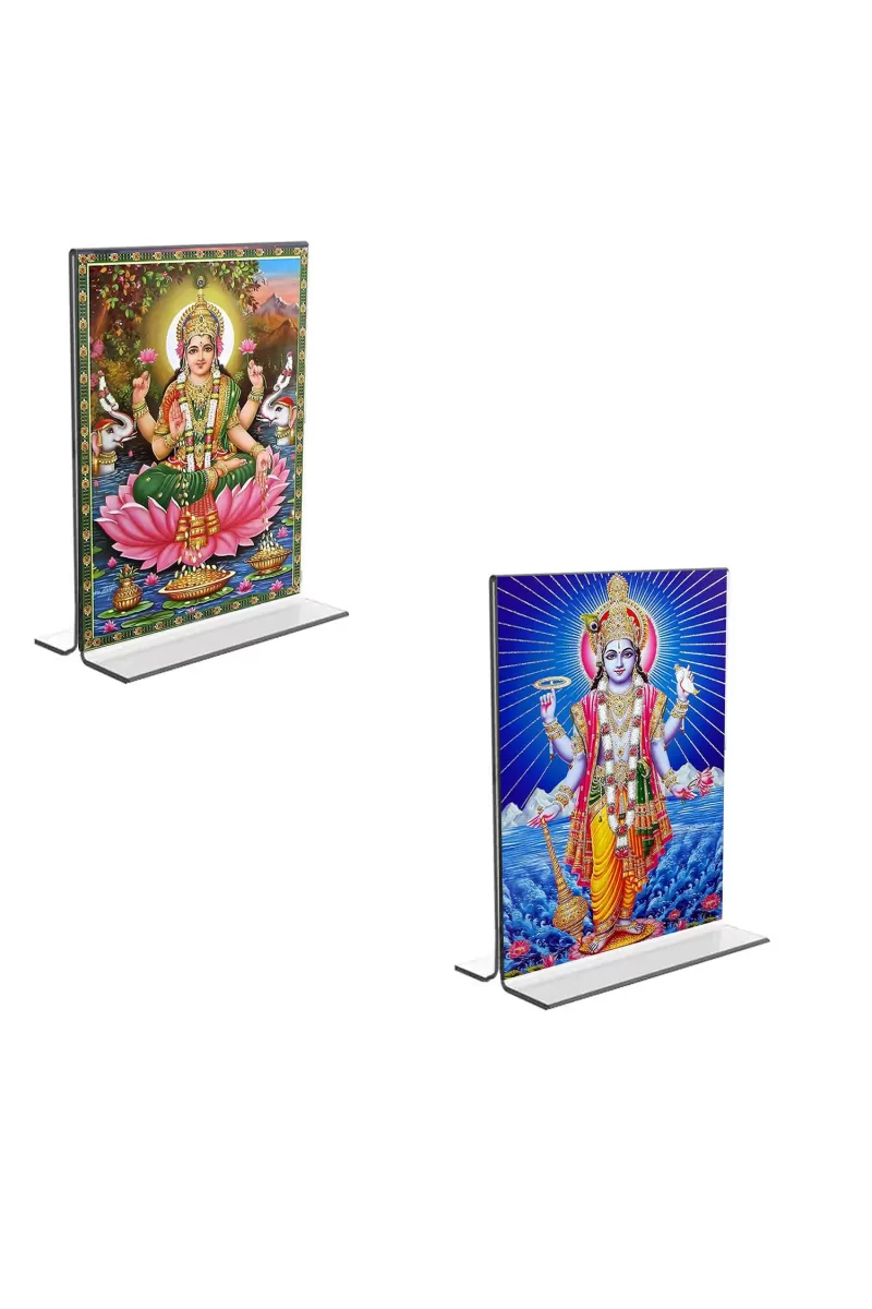 Car Desk/Table Top Lord Vishnu & Maa Lakhsmi Acrylic T-Style Photo Stand - 2.5x3.5 Inches, Compact And Stylish Spiritual Display, Easily Change  2 Photos ( Pack Of 1 ) (F9242)