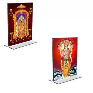 Car Desk/Table Top Lord Tirupati Balaji & Lord Vishnu  Acrylic T-Style Photo Stand - 2.5x3.5 Inches, Compact And Stylish Spiritual Display, Easily Change  2 Photos ( Pack Of 1 ) (F9243)