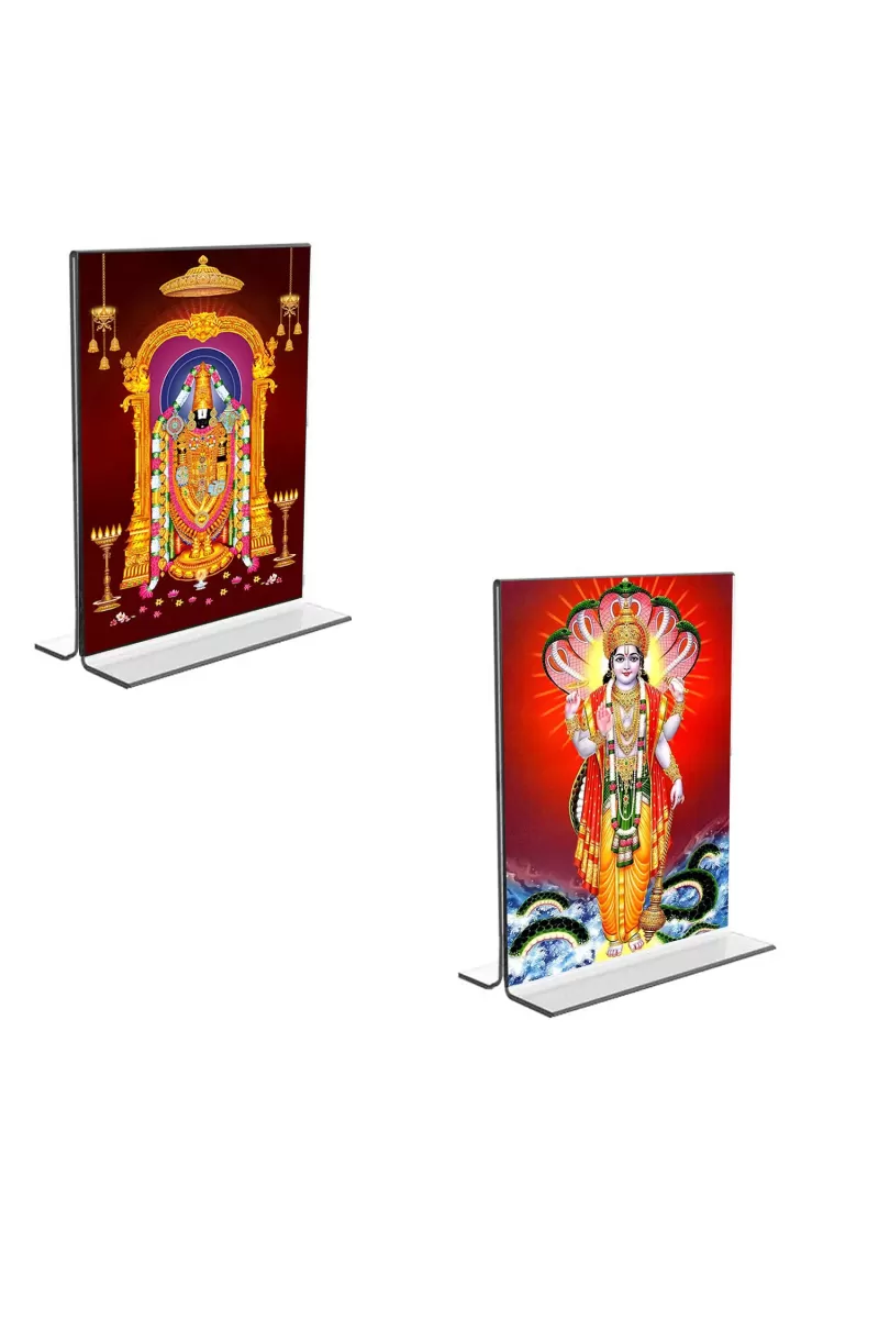 Car Desk/Table Top Lord Tirupati Balaji & Lord Vishnu  Acrylic T-Style Photo Stand - 2.5x3.5 Inches, Compact And Stylish Spiritual Display, Easily Change  2 Photos ( Pack Of 1 ) (F9243)