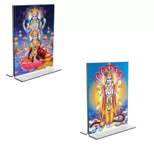 Car Desk/Table Top Lord Vishnu & Maa Lakhsmi Acrylic T-Style Photo Stand - 2.5x3.5 Inches, Compact And Stylish Spiritual Display, Easily Change  2 Photos ( Pack Of 1 ) (F9244)
