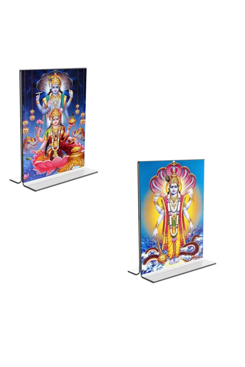 Car Desk/Table Top Lord Vishnu & Maa Lakhsmi Acrylic T-Style Photo Stand - 2.5x3.5 Inches, Compact And Stylish Spiritual Display, Easily Change  2 Photos ( Pack Of 1 ) (F9244)