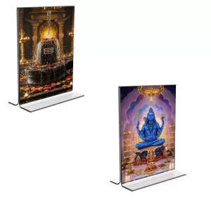 Car Desk/Table Top Lord Shiva & Shiva Lingam  Acrylic T-Style Photo Stand - 2.5x3.5 Inches, Compact And Stylish Spiritual Display, Easily Change  2 Photos ( Pack Of 1 ) (F9245)