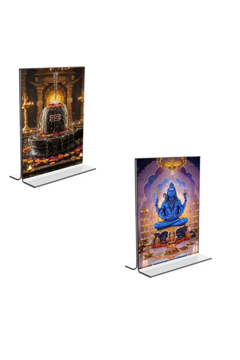Car Desk/Table Top Lord Shiva & Shiva Lingam  Acrylic T-Style Photo Stand - 2.5x3.5 Inches, Compact And Stylish Spiritual Display, Easily Change  2 Photos ( Pack Of 1 ) (F9245)