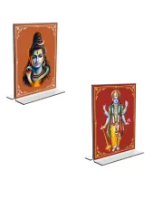 Car Desk/Table Top Lord Shiva & Lord Vishnu  Acrylic T-Style Photo Stand - 2.5x3.5 Inches, Compact And Stylish Spiritual Display, Easily Change  2 Photos ( Pack Of 1 ) (F9246)