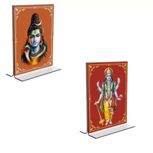 Car Desk/Table Top Lord Shiva & Lord Vishnu  Acrylic T-Style Photo Stand - 2.5x3.5 Inches, Compact And Stylish Spiritual Display, Easily Change  2 Photos ( Pack Of 1 ) (F9246)