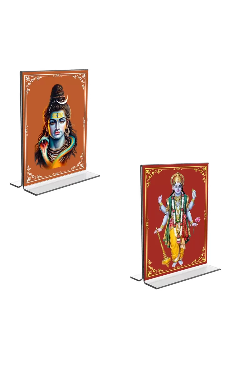 Car Desk/Table Top Lord Shiva & Lord Vishnu  Acrylic T-Style Photo Stand - 2.5x3.5 Inches, Compact And Stylish Spiritual Display, Easily Change  2 Photos ( Pack Of 1 ) (F9246)