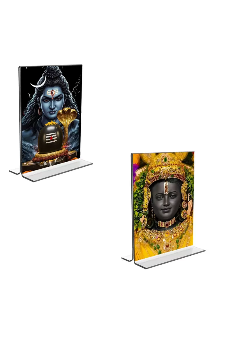 Car Desk/Table Top Lord Shiva & Ram Lala  Acrylic T-Style Photo Stand - 2.5x3.5 Inches, Compact And Stylish Spiritual Display, Easily Change  2 Photos ( Pack Of 1 ) (F9247)