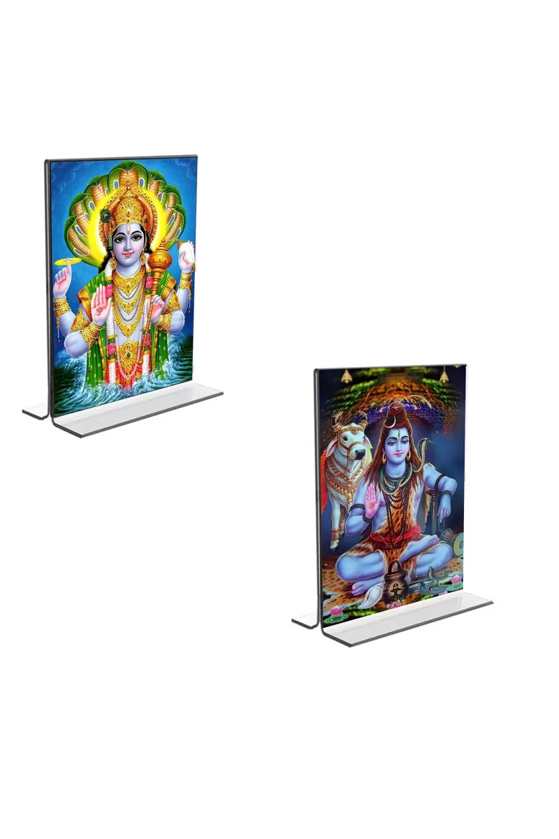 Car Desk/Table Top Lord Narayan & Lord Shiva  Acrylic T-Style Photo Stand - 2.5x3.5 Inches, Compact And Stylish Spiritual Display, Easily Change  2 Photos ( Pack Of 1 ) (F9248)