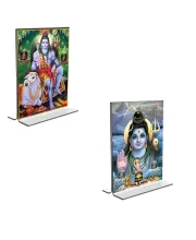 Car Desk/Table Top Lord Shiva  Acrylic T-Style Photo Stand - 2.5x3.5 Inches, Compact And Stylish Spiritual Display, Easily Change  2 Photos ( Pack Of 1 ) (F9249)