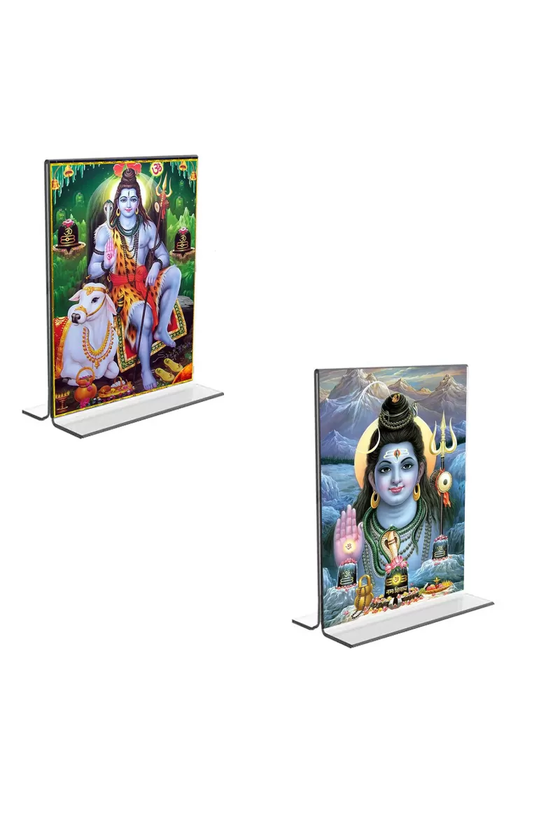 Car Desk/Table Top Lord Shiva  Acrylic T-Style Photo Stand - 2.5x3.5 Inches, Compact And Stylish Spiritual Display, Easily Change  2 Photos ( Pack Of 1 ) (F9249)