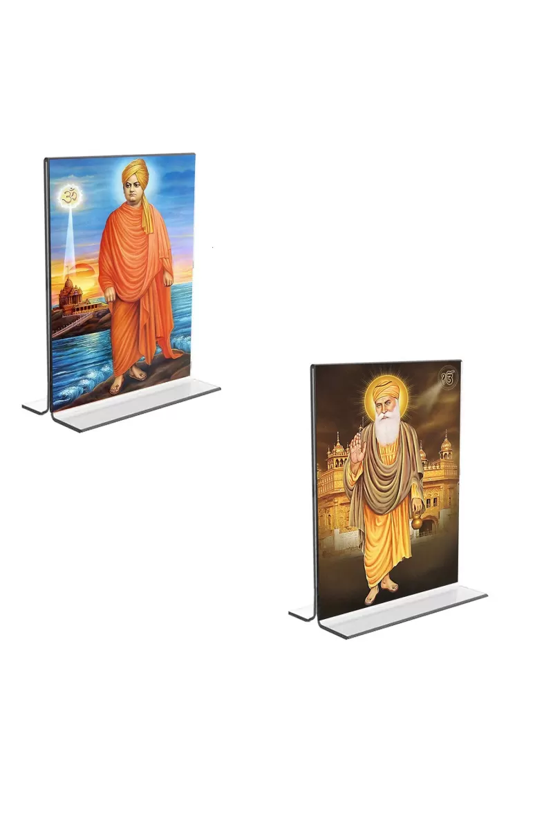 Car Desk/Table Top Swami Vivekananda  & Guru Nanak  Acrylic T-Style Photo Stand - 2.5x3.5 Inches, Compact And Stylish Spiritual Display, Easily Change  2 Photos ( Pack Of 1 ) (F9250)
