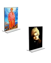 Car Desk/Table Top Swami Vivekananda Acrylic T-Style Photo Stand - 2.5x3.5 Inches, Compact And Stylish Spiritual Display, Easily Change  2 Photos ( Pack Of 1 ) (F9251)