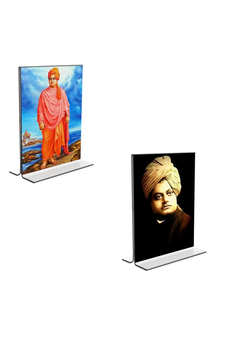 Car Desk/Table Top Swami Vivekananda Acrylic T-Style Photo Stand - 2.5x3.5 Inches, Compact And Stylish Spiritual Display, Easily Change  2 Photos ( Pack Of 1 ) (F9251)
