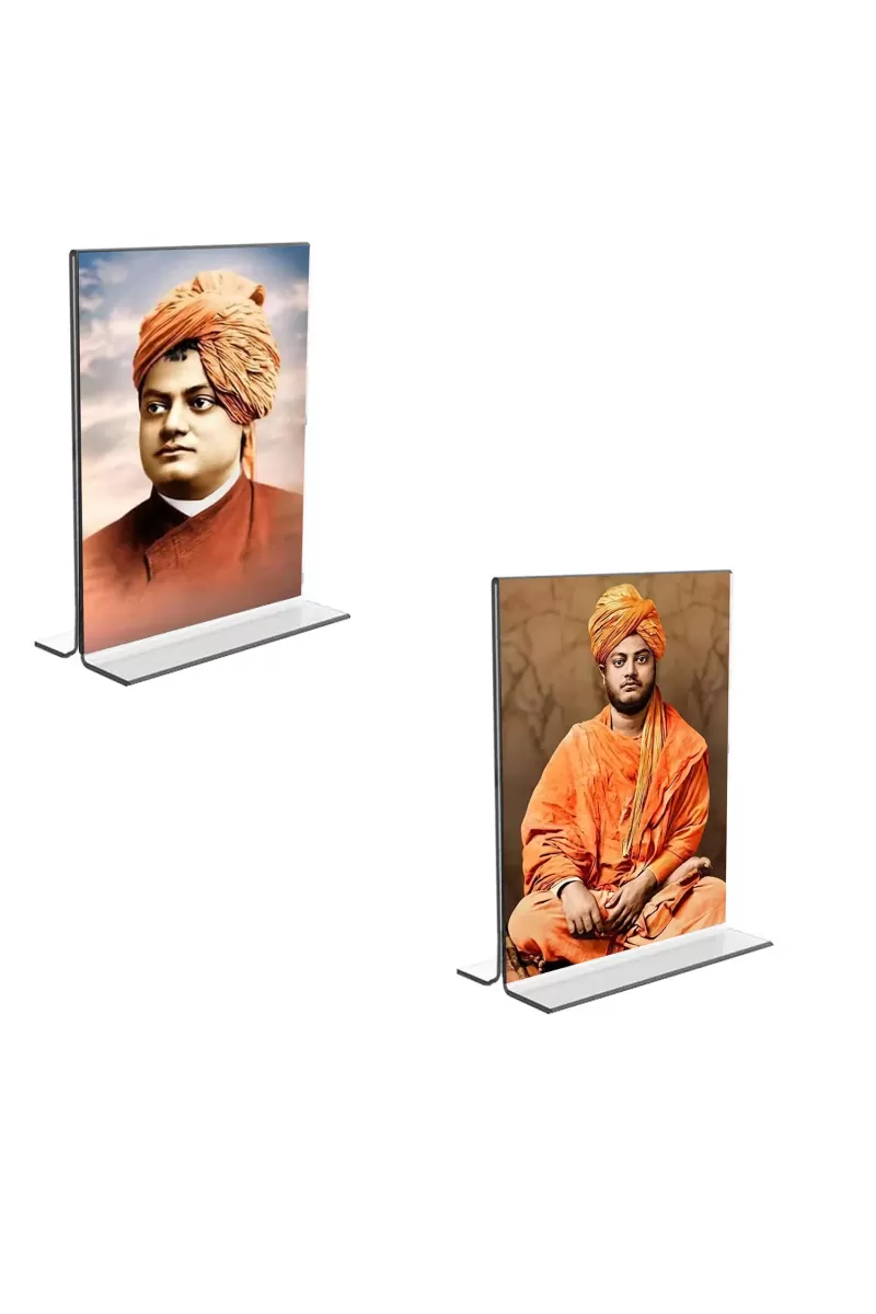Car Desk/Table Top Swami Vivekananda Acrylic T-Style Photo Stand - 2.5x3.5 Inches, Compact And Stylish Spiritual Display, Easily Change  2 Photos ( Pack Of 1 ) (F9252)