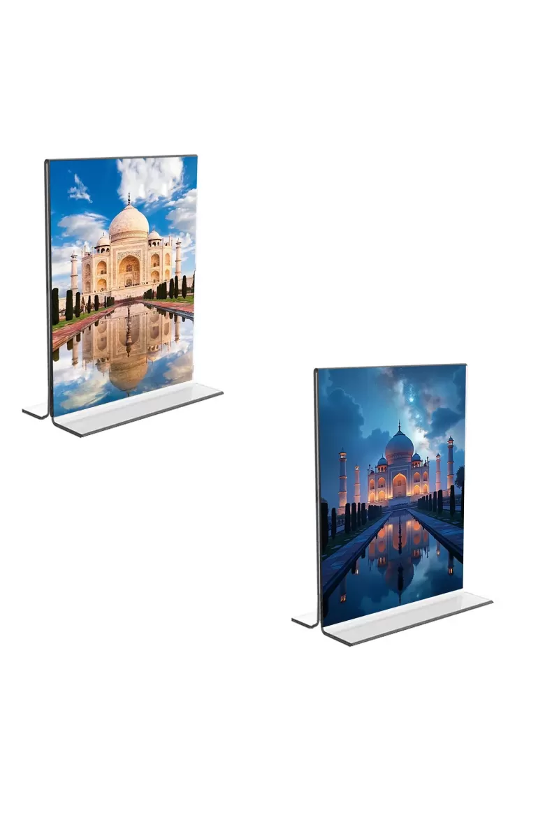 Car Desk/Table Top Taj Mahal  Acrylic T-Style Photo Stand - 2.5x3.5 Inches, Compact And Stylish Spiritual Display, Easily Change  2 Photos ( Pack Of 1 ) (F9254)