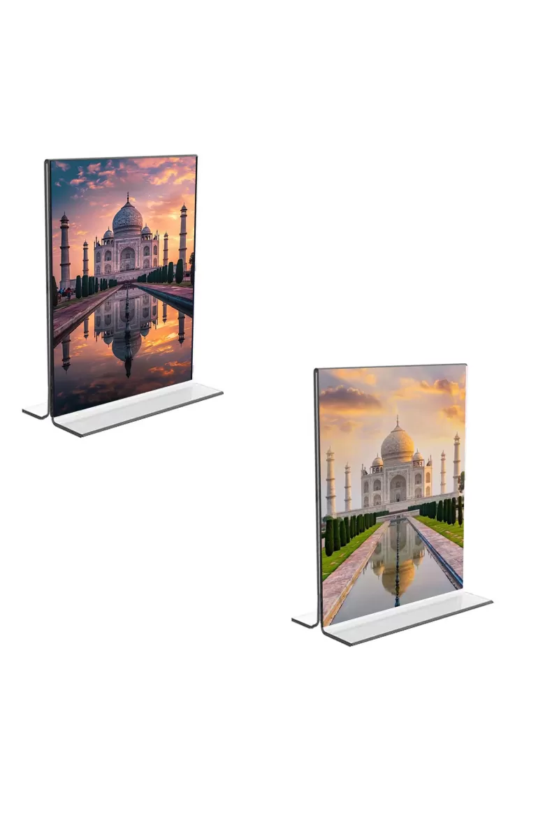 Car Desk/Table Top Taj Mahal  Acrylic T-Style Photo Stand - 2.5x3.5 Inches, Compact And Stylish Spiritual Display, Easily Change  2 Photos ( Pack Of 1 ) (F9255)