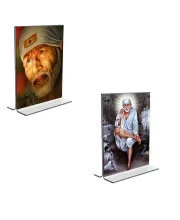 Car Desk/Table Top Sai Baba  Acrylic T-Style Photo Stand - 2.5x3.5 Inches, Compact And Stylish Spiritual Display, Easily Change  2 Photos ( Pack Of 1 ) (F9257)