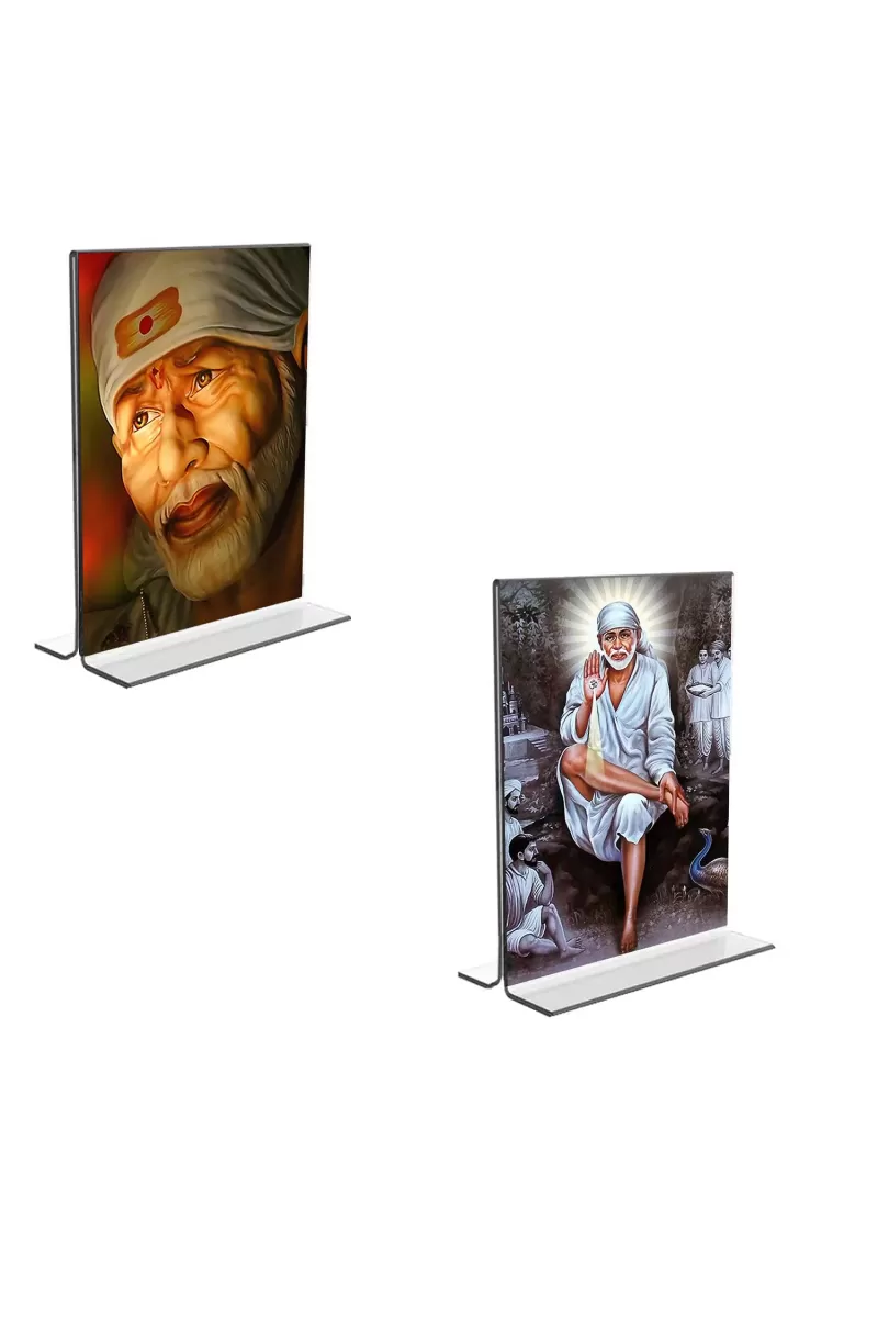 Car Desk/Table Top Sai Baba  Acrylic T-Style Photo Stand - 2.5x3.5 Inches, Compact And Stylish Spiritual Display, Easily Change  2 Photos ( Pack Of 1 ) (F9257)