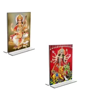 Car Desk/Table Top Maa Saraswati & Maa Lakhsmi  Acrylic T-Style Photo Stand - 2.5x3.5 Inches, Compact And Stylish Spiritual Display, Easily Change  2 Photos ( Pack Of 1 ) (F9258)