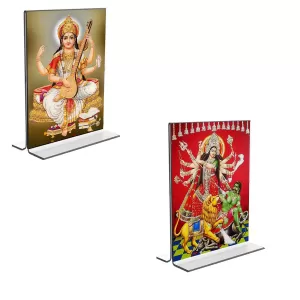 Car Desk/Table Top Maa Saraswati & Maa Lakhsmi  Acrylic T-Style Photo Stand - 2.5x3.5 Inches, Compact And Stylish Spiritual Display, Easily Change  2 Photos ( Pack Of 1 ) (F9258)