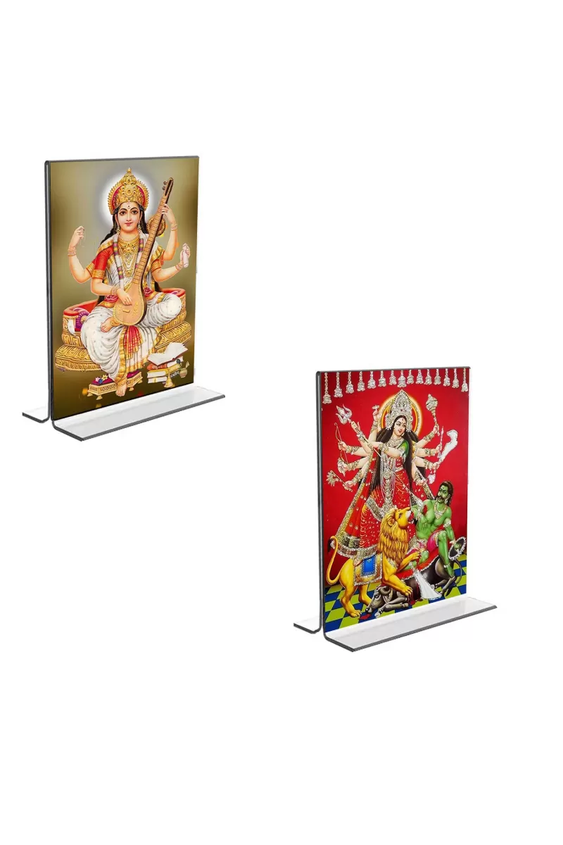 Car Desk/Table Top Maa Saraswati & Maa Lakhsmi  Acrylic T-Style Photo Stand - 2.5x3.5 Inches, Compact And Stylish Spiritual Display, Easily Change  2 Photos ( Pack Of 1 ) (F9258)