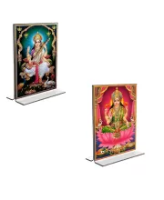 Car Desk/Table Top Maa Saraswati & Maa Lakhsmi  Acrylic T-Style Photo Stand - 2.5x3.5 Inches, Compact And Stylish Spiritual Display, Easily Change  2 Photos ( Pack Of 1 ) (F9259)