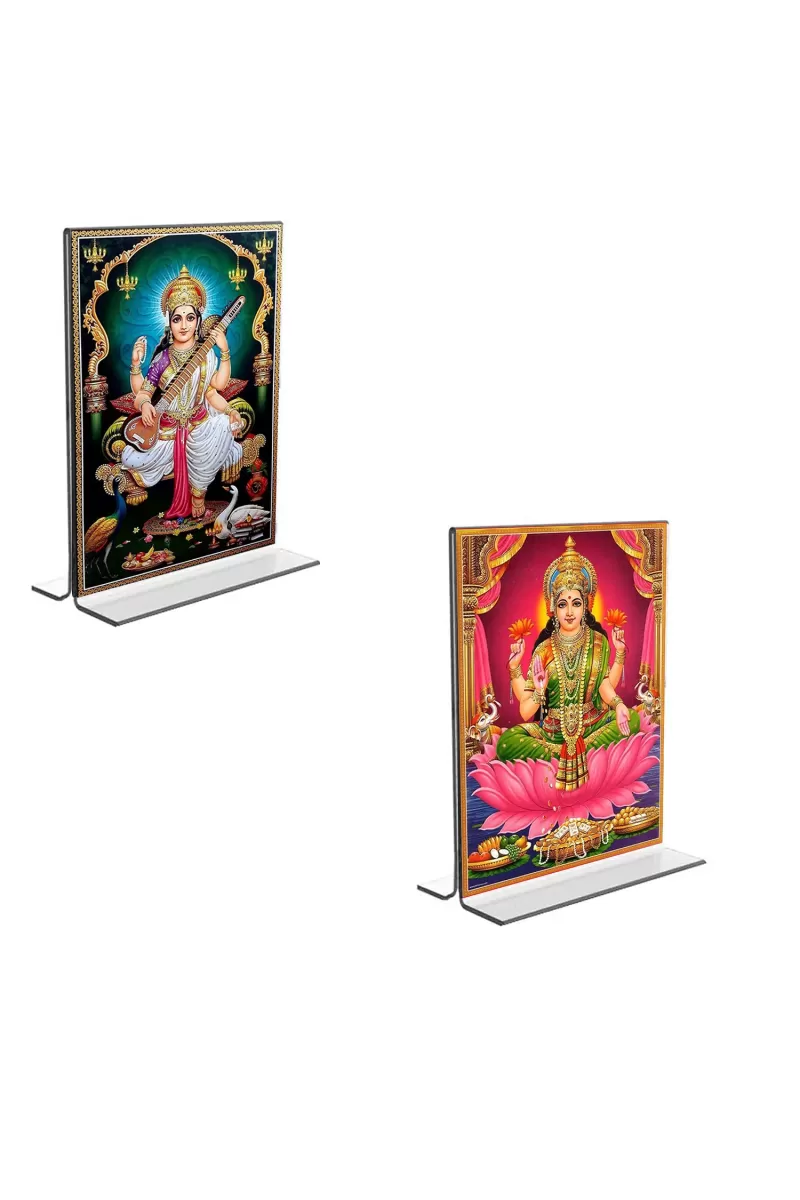 Car Desk/Table Top Maa Saraswati & Maa Lakhsmi  Acrylic T-Style Photo Stand - 2.5x3.5 Inches, Compact And Stylish Spiritual Display, Easily Change  2 Photos ( Pack Of 1 ) (F9259)